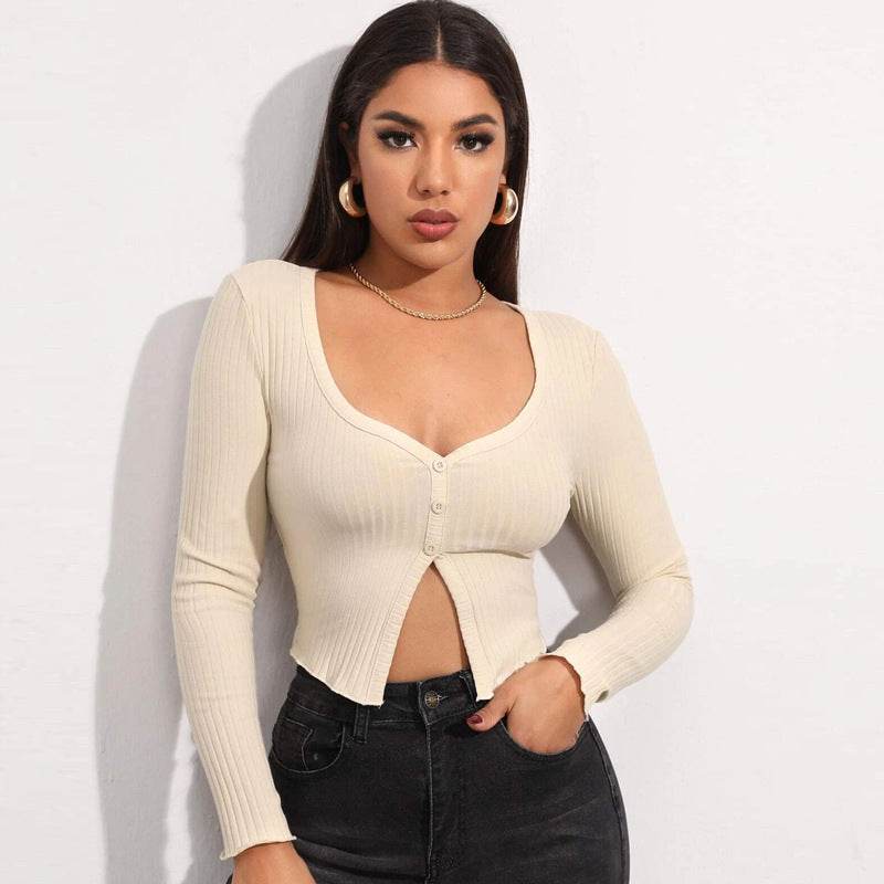 Short Sleeve Cropped Cardigan Top Sexy Button Knitted T Shirt - Velora