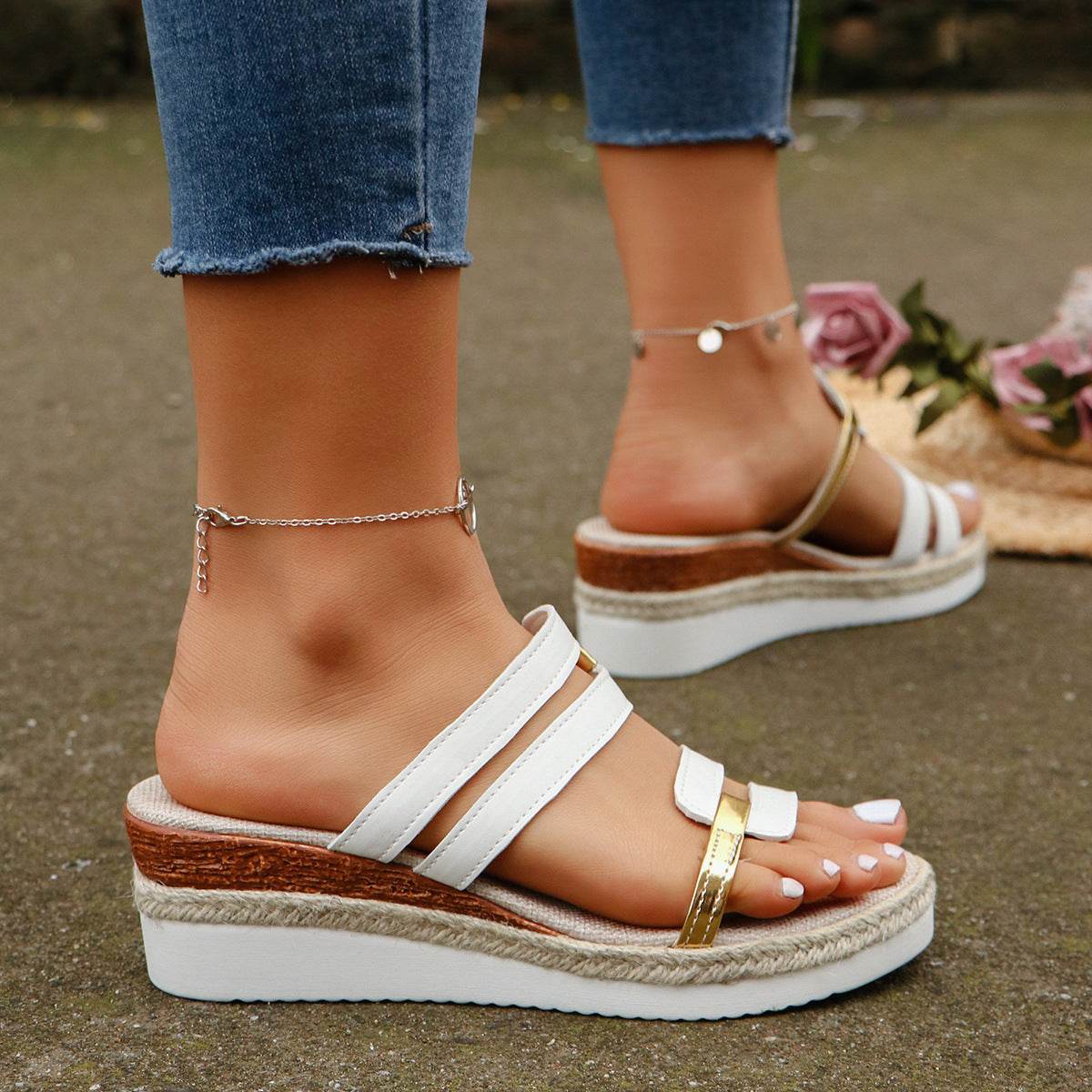 Colorblock-strap Wedges Sandals Summer Fashion Hemp Heel Slides Slippers Outdoor Thick Bottom Fish Mouth Shoes For Women - Velora