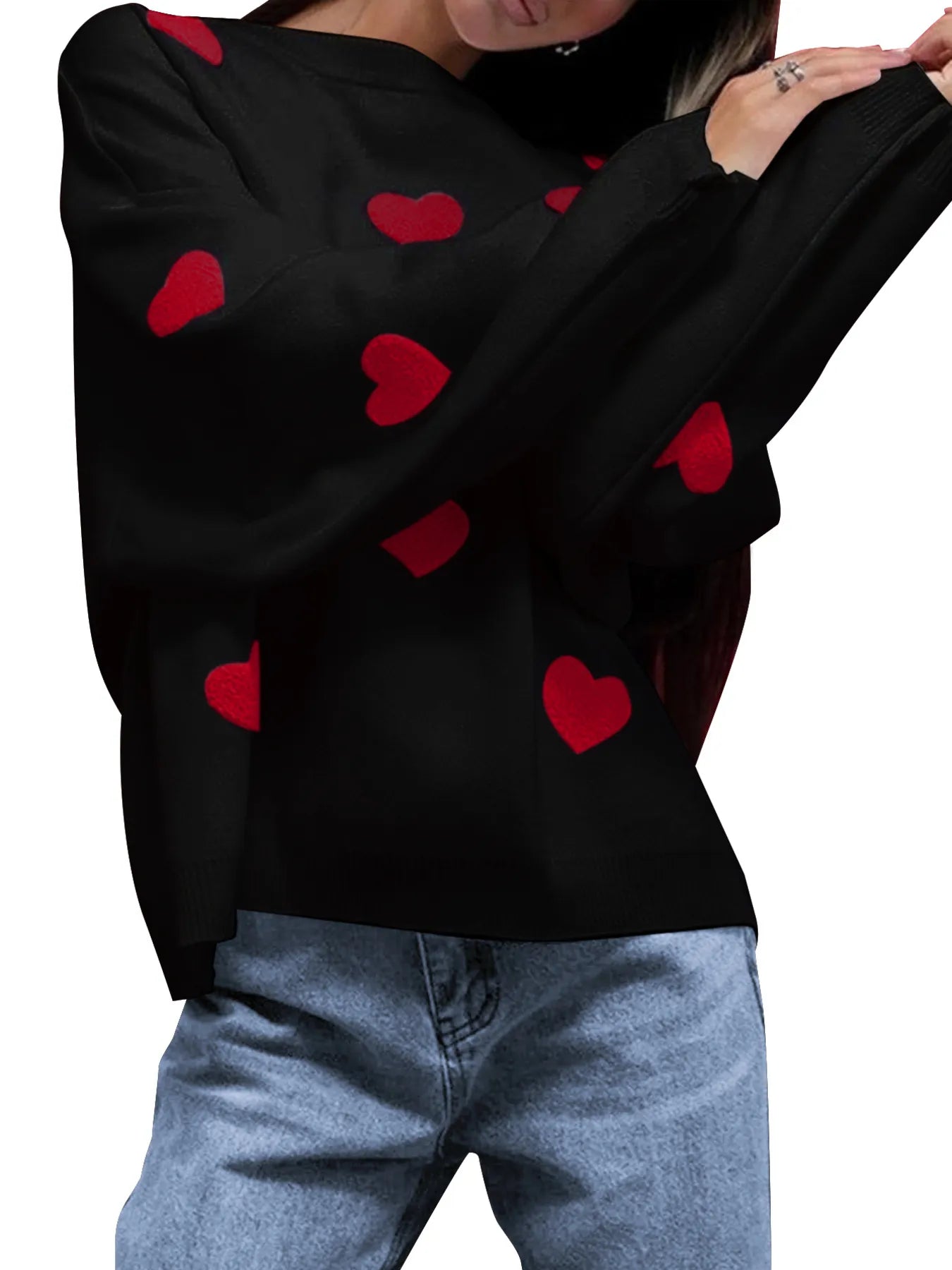 Heart Round Neck Long Sleeve Sweater - Velora