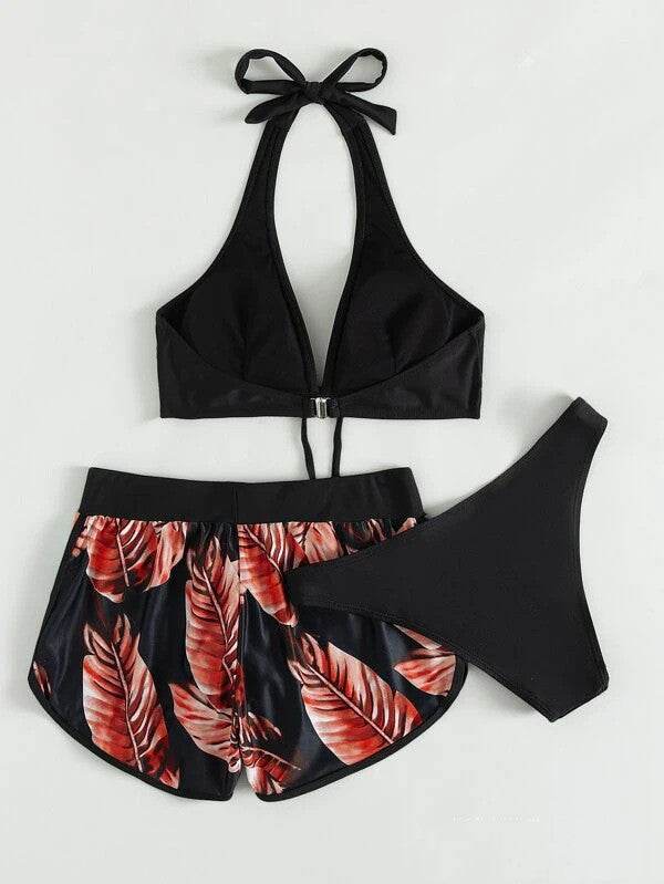3pcs Leaf Print Bikini With Shorts Fashion Summer Beach Swimsuit Womens Clothing - Velora
