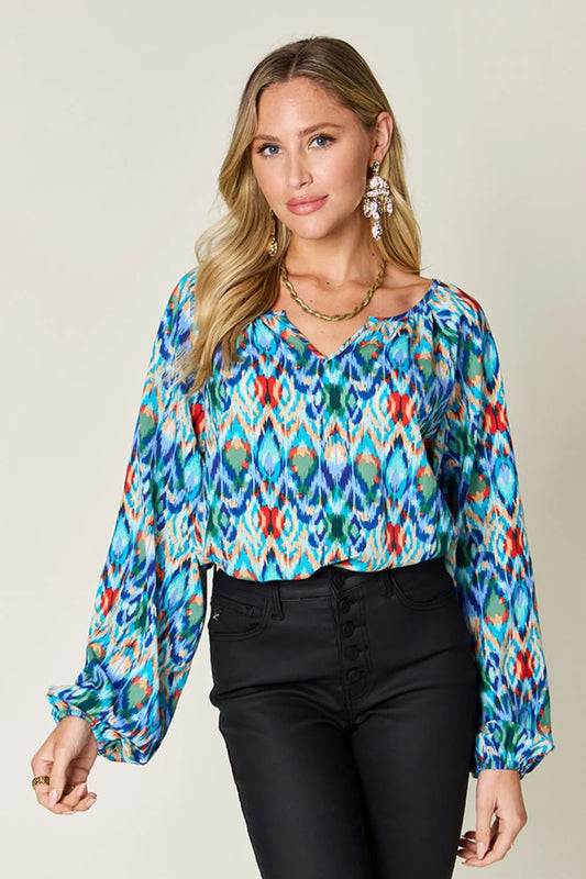 Double Take Full Size Printed Balloon Sleeve Blouse - Velora