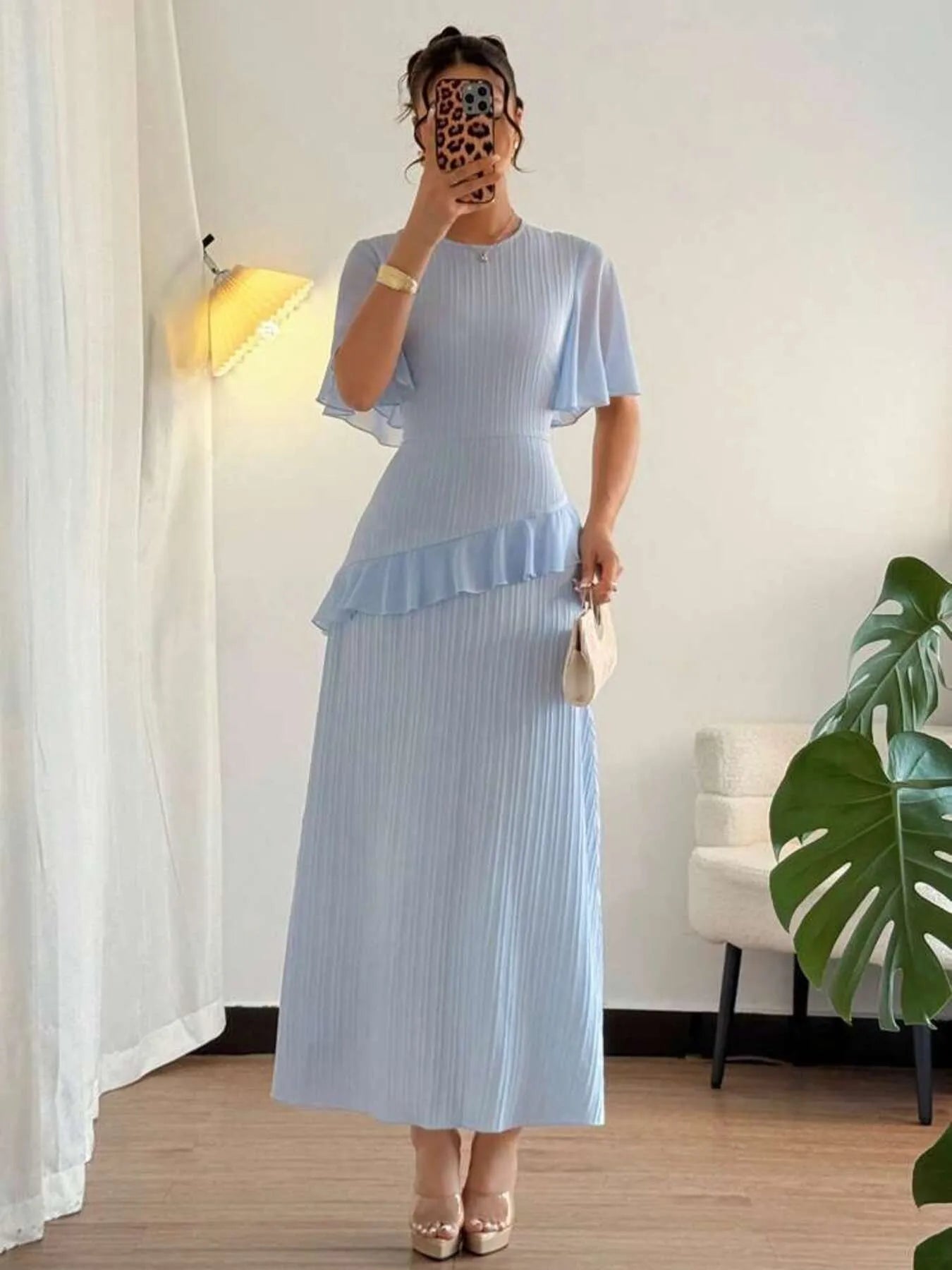 Ruffled Round Neck Flutter Sleeve Dress - Velora