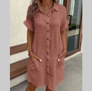 Summer Short Sleeve Shirt Dress Fashion Solid Color Single-breasted Mid-length Loose Dress - Velora