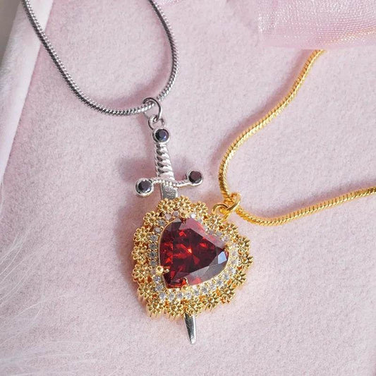 Gothic Punk One Arrow Through The Heart Creative Two Color Couple Necklace Red Rhinestone Heart Dagger Necklace Good Friend Gift Fashion Jewelry - Velora