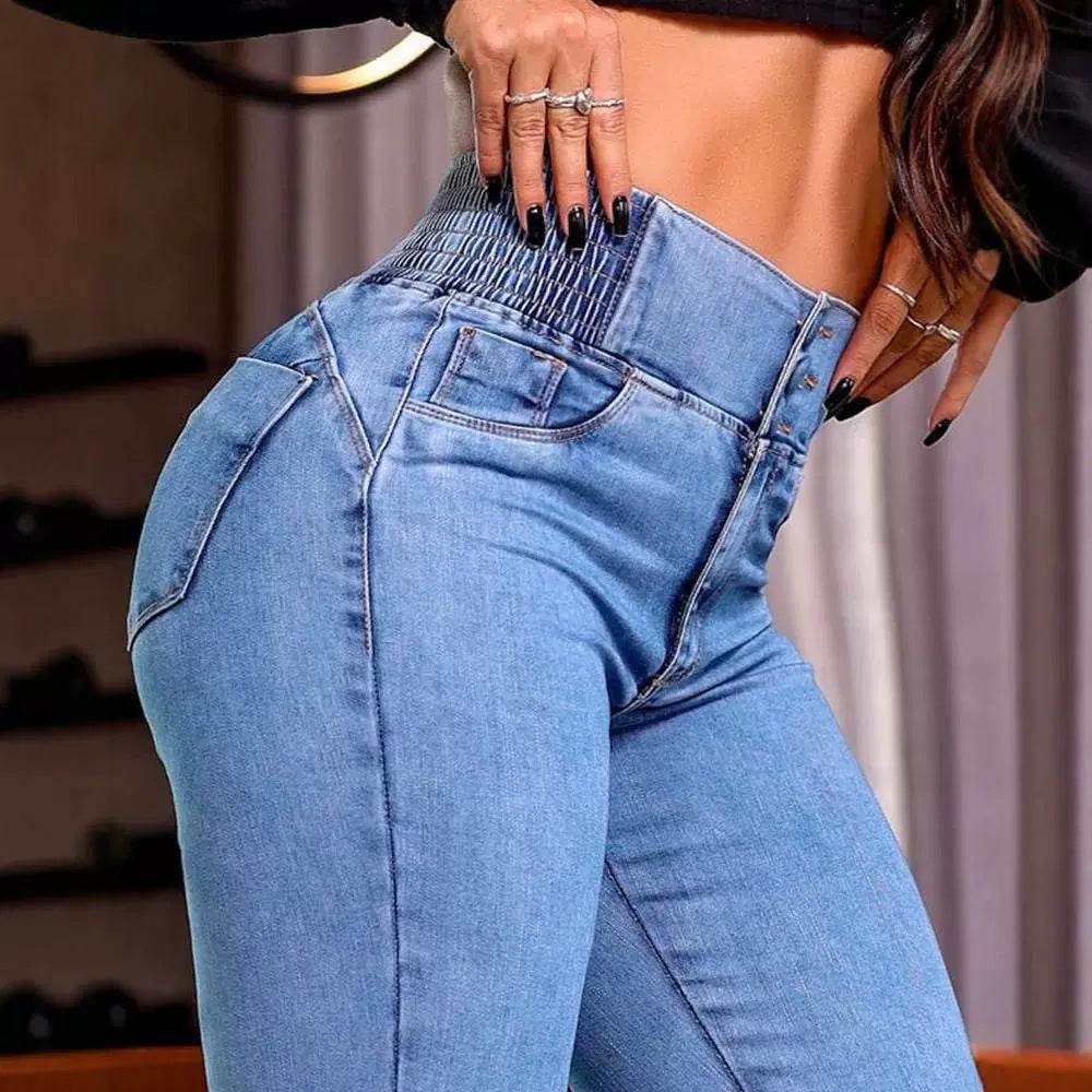 Sexy Elegant New Fashion Casual Female Trouser Bottom Back Shirred Button Front High Waist Jeans - Velora