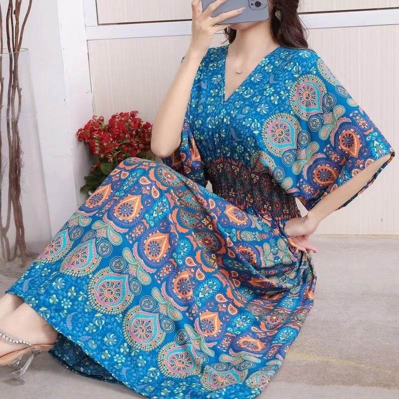 Cotton Silk Floral Dress Women's Summer Ethnic Style V-neck Short Sleeve Pastoral Style Skirt - Velora