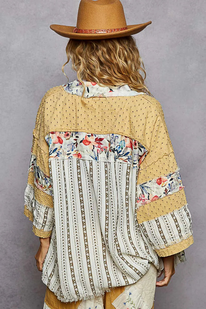 POL Raw Edge Open Front Patchwork Cardigan with Floral Trim - Velora