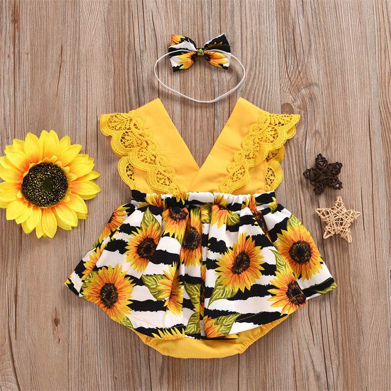 Summer Baby Girl Triangle Romper, Lace Wrapper For Newborn Baby, Sunflower Baby One-piece Romper - Velora