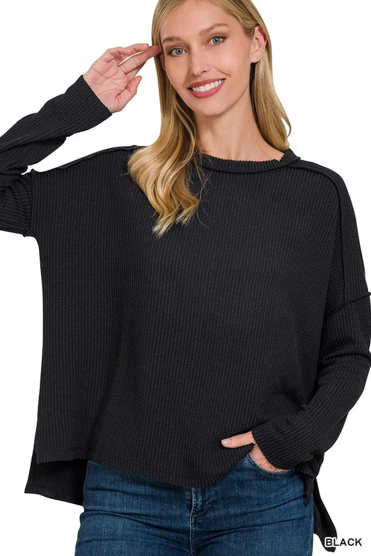 Zenana Full Size Exposed Seam Long Sleeve Corded Rib Knit Top Plus Size - Velora