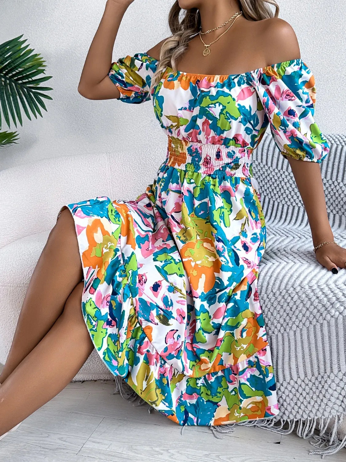 Ruffled Hem Smocked Floral Short Sleeve Midi Dress - Velora