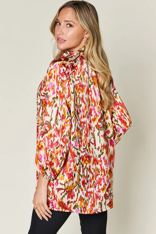 Double Take Full Size Printed Button Up Long Sleeve Shirt - Velora