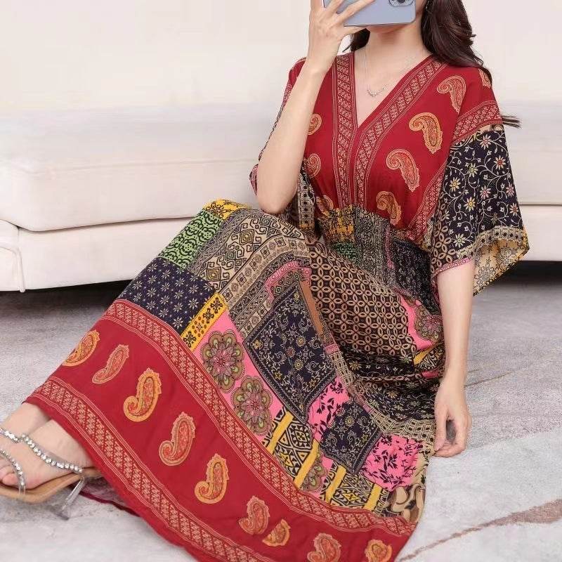 Cotton Silk Floral Dress Women's Summer Ethnic Style V-neck Short Sleeve Pastoral Style Skirt - Velora