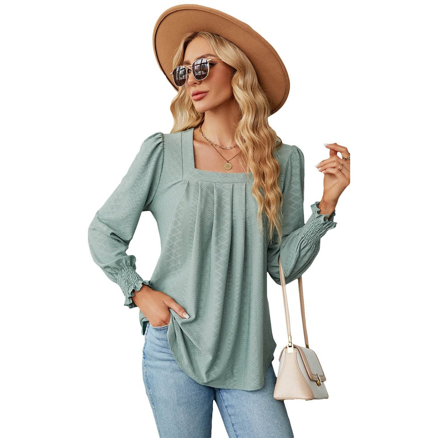 New Jacquard Pleated Square Neck T-shirt Fashion Solid Color Long Sleeve Pullover Tops Womens Clothing - Velora