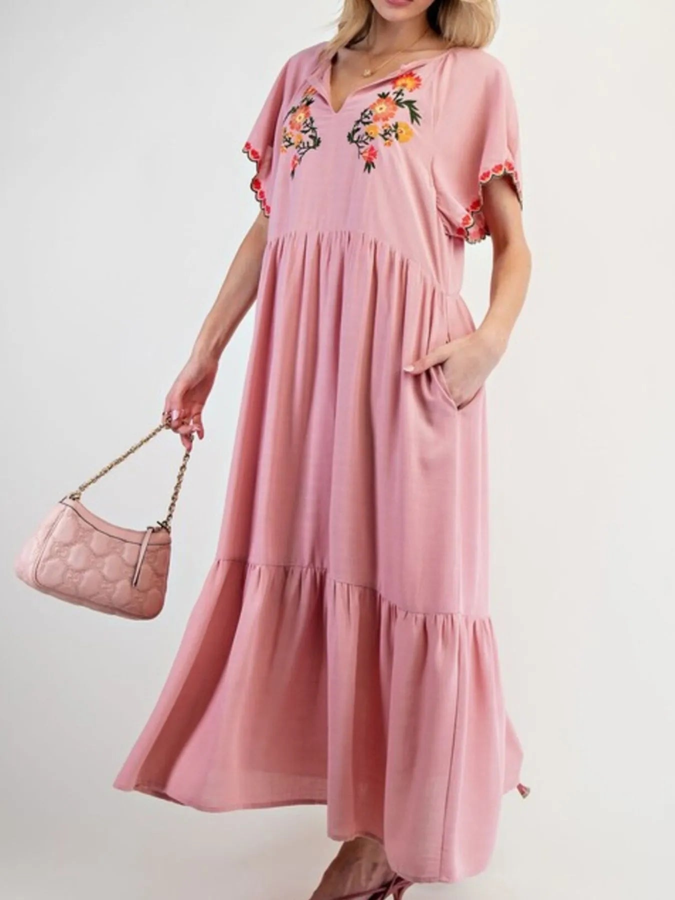 Floral Notched Flutter Sleeve Dress - Velora