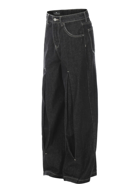 Men's High Waist Curved Jeans with Pleated Detail - Velora