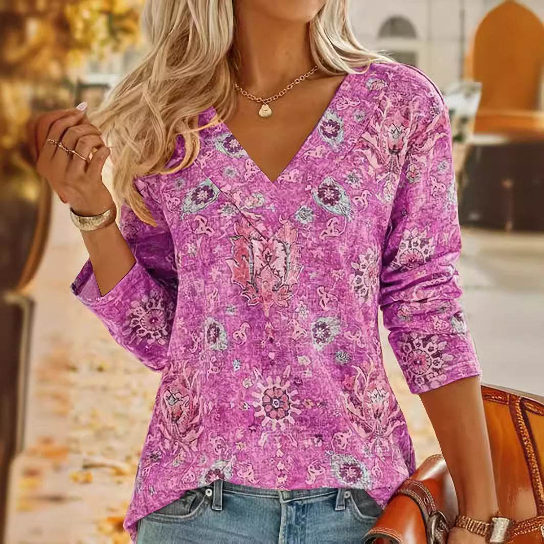Big Size Bohemian Printed Long Sleeve T-Shirt Summer Fashion V-Neck Top Beach Clothing For Women - Velora