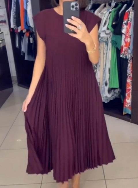 Short Sleeve Pleated Long Dress Summer Round Neck Dress Women's Clothing - Velora