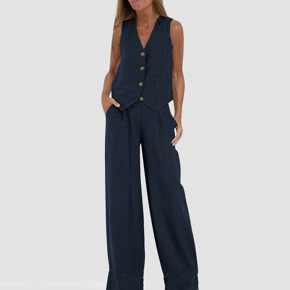 Summer Vest Suits V-neck Botton Sleeveless Top And Loose Straight Trousers Casual Womens Clothing - Velora