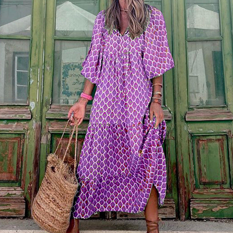 Summer Women's Vintage Printed Bohemian Dress Elegant Ladies Casual Loose V-Neck Short Sleeve Long Dresses Velora
