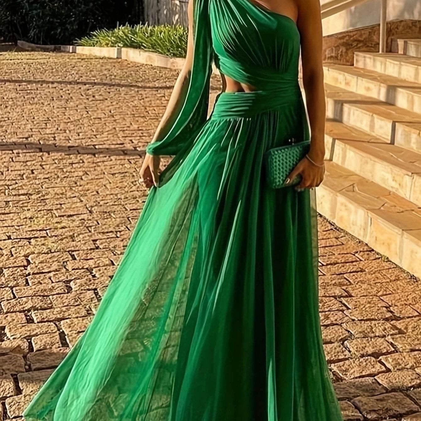 Spring And Summer Solid Color One Shoulder Midriff Outfit Elegant Slim Long Dress - Velora