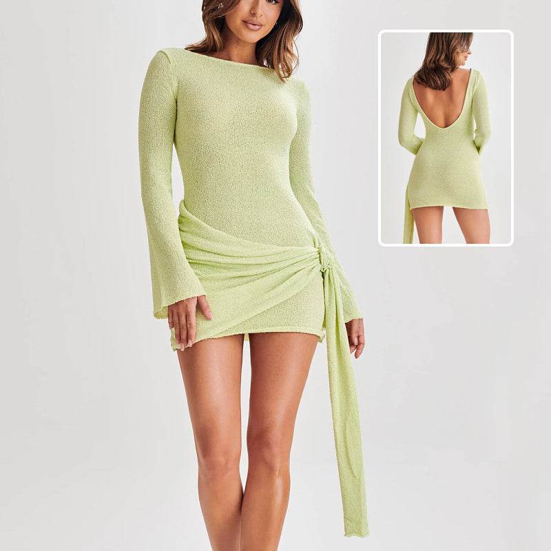 Fashion Slim Long-sleeved Dress Y2K Sexy Hip-hugging V-shaped Backless Short Dresses Womens Clothing - Velora
