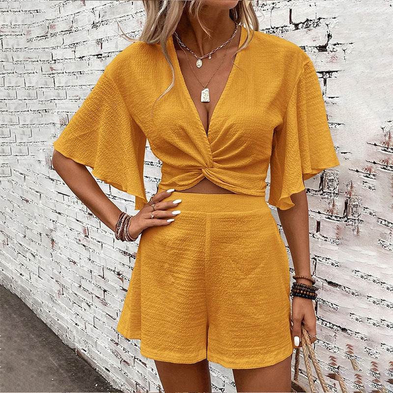 Fashion Loose Suits For Women V-neck Ruffle Sleeve Short-sleeved Top And Shorts Summer Two-piece Set Clothing - Velora