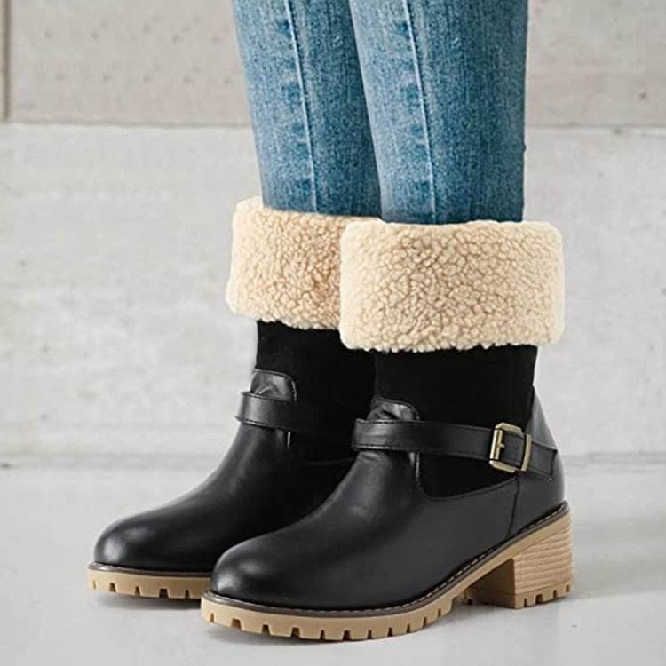 Fashion Boots With Buckle Chunky Heel Shoes Warm Winter Round Toe Western Boots For Women - Velora