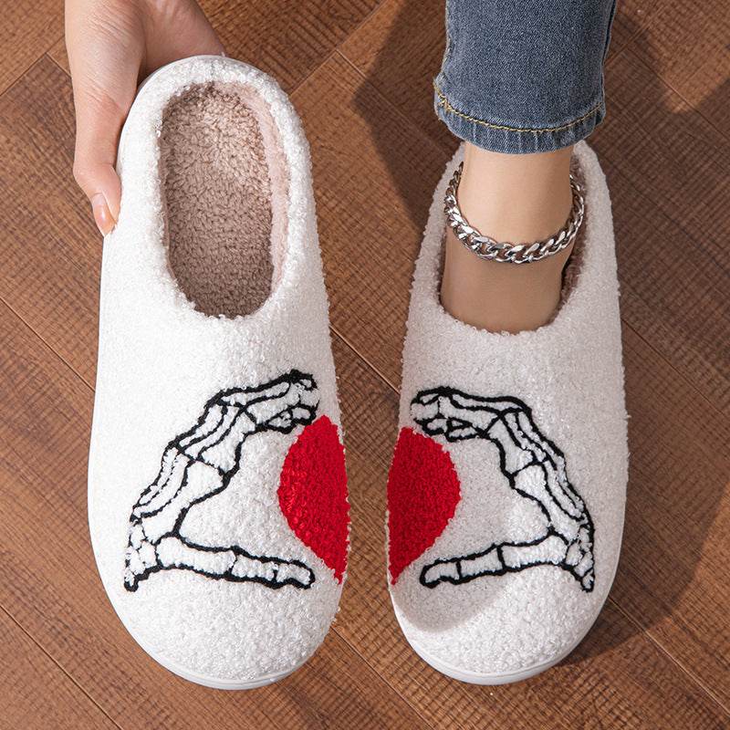 Funny Halloween Love Skull-hand Slippers Home Non-slip Soft Bottom Cotton Floor Bedroom Slippers Winter Warm House Shoes For Women Men - Velora
