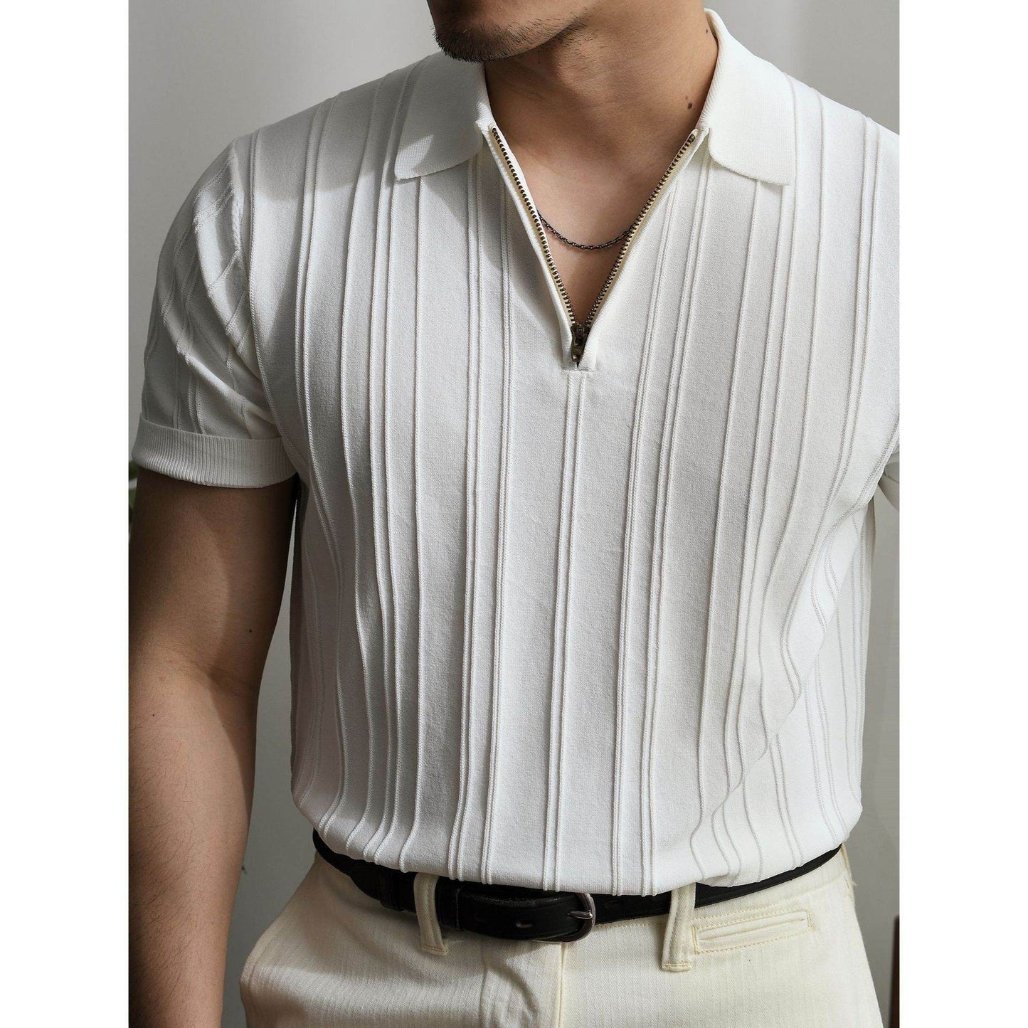 Zipper Knitted Short-sleeved Polo Shirt Men's Loose Lapels T-shirt - Velora