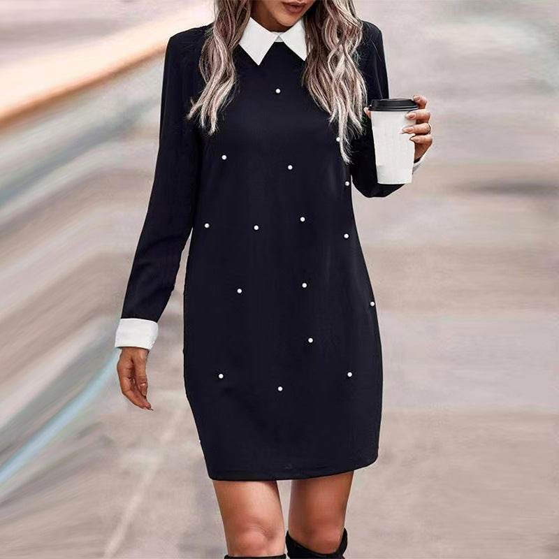 Elegant Lapel Long Sleeve Stitching Contrast Color Beaded Dress - Velora