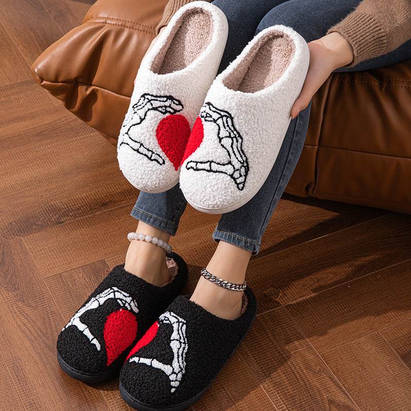 Funny Halloween Love Skull-hand Slippers Home Non-slip Soft Bottom Cotton Floor Bedroom Slippers Winter Warm House Shoes For Women Men - Velora