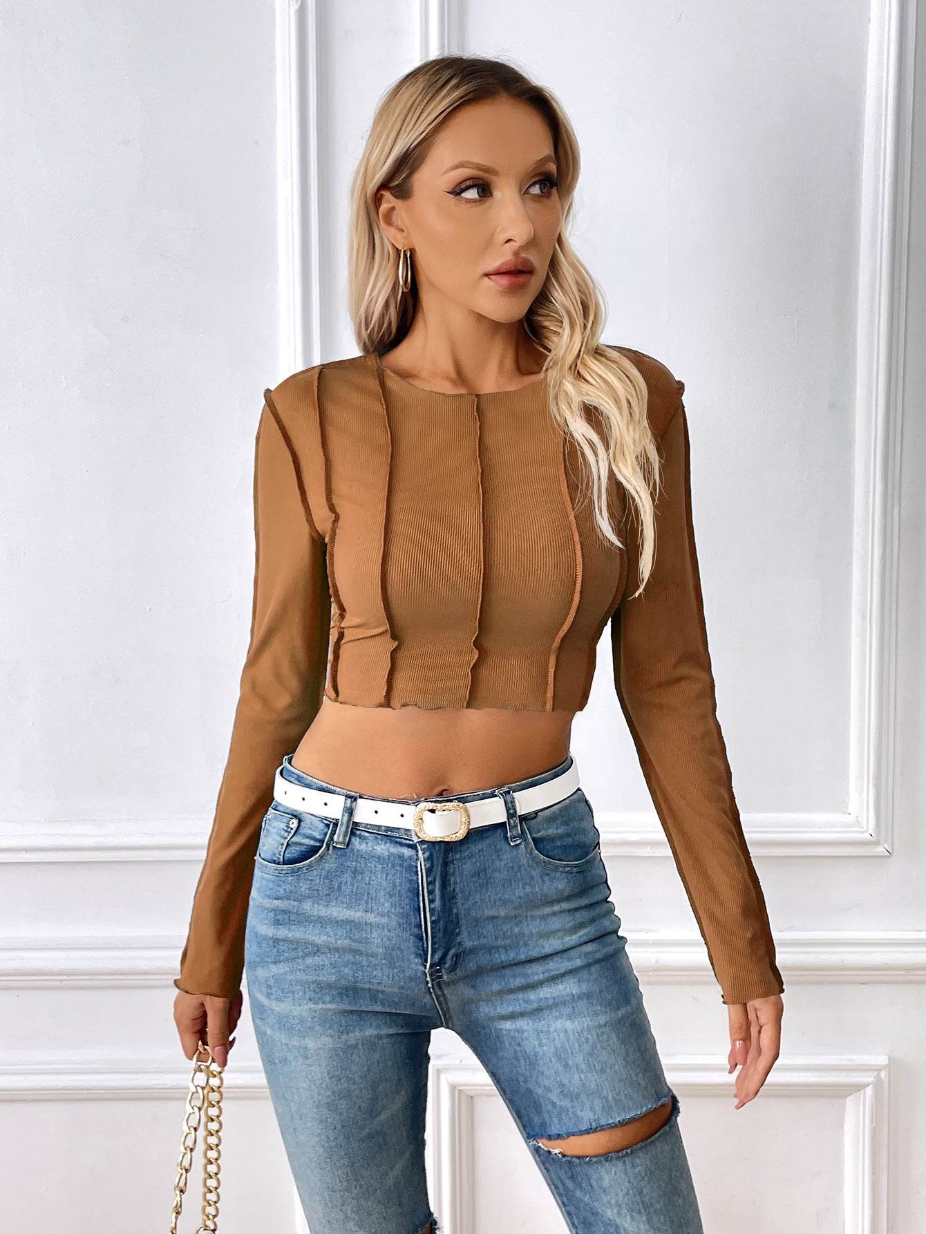 New Slim Long Sleeve T-shirt With Exposed Stitching Design Y2K Fashion Sexy Navel-exposed Short Top Womens Clothing - Velora