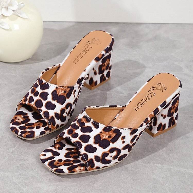 Leopard Square Toe Sandals Summer High-heeled Slippers Chunky Heel Shoes For Women - Velora