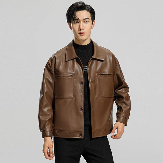 Fashion Youth Motorcycle Leather Coat Lapel Handsome Men's Jacket - Velora