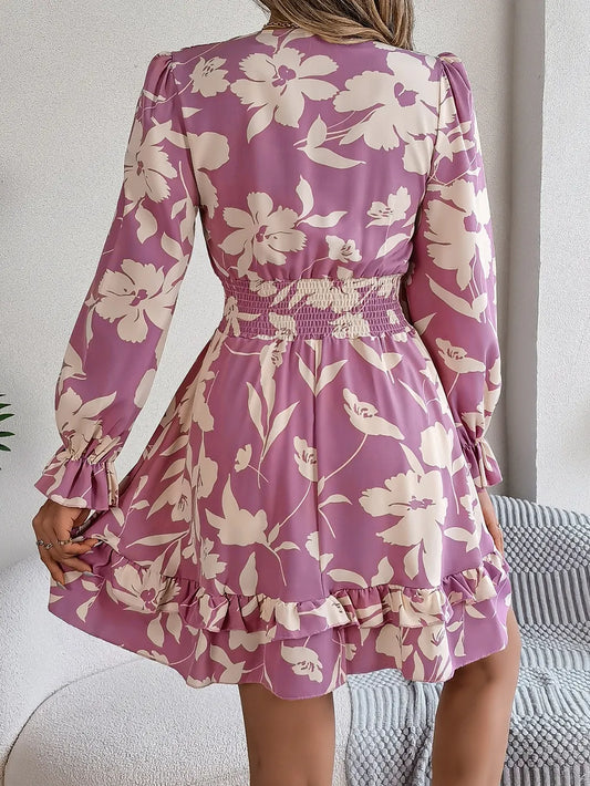 Tied Ruffled Printed Long Sleeve Dress - Velora