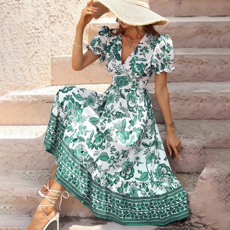 Puff Sleeve dress V Neck Blue Floral Bohemian Midi Dress - Velora