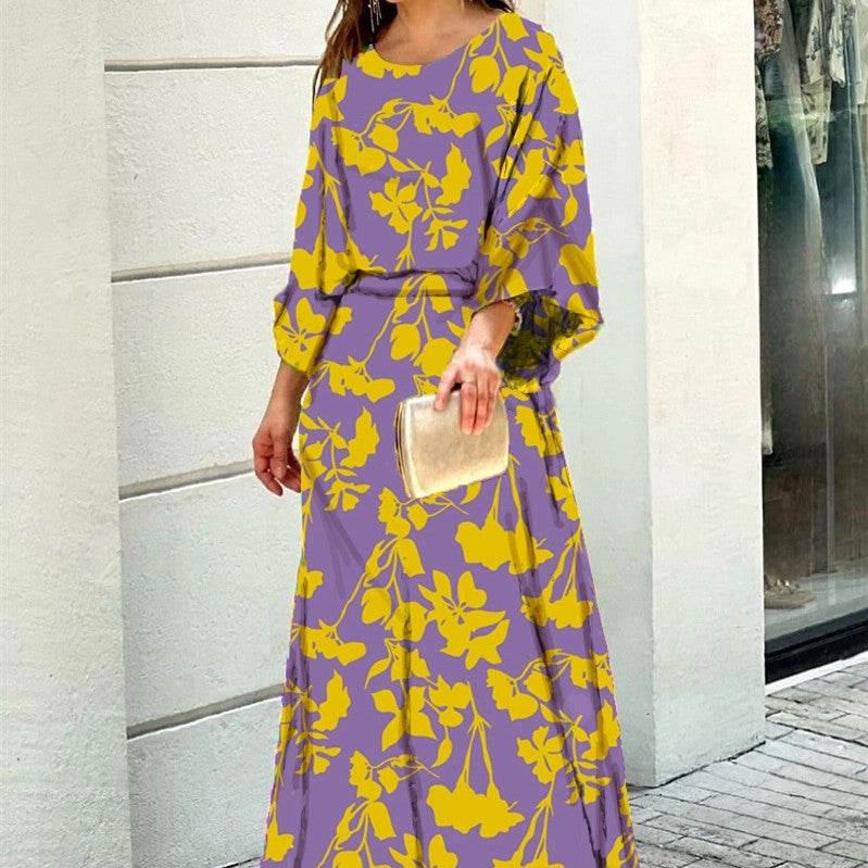 2pcs Women's Dress Suits Fashion Loose Printed Long Sleeve Top And High Waist Long Skirt - Velora