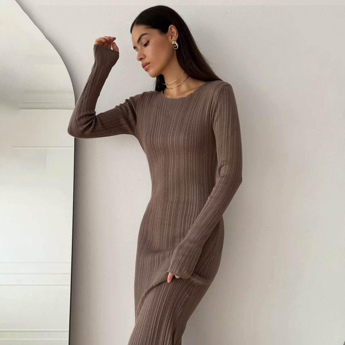 Sunken Stripe Waist-tight Hip Knitwear Dress Long Sleeve - Velora