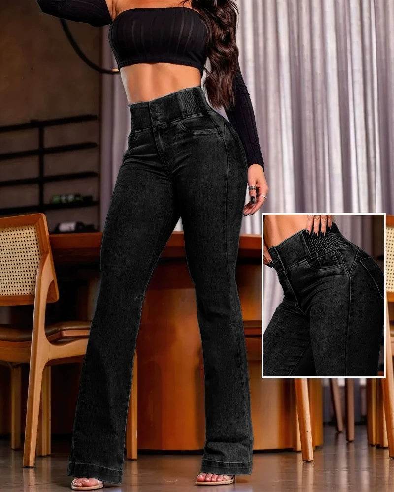 Sexy Elegant New Fashion Casual Female Trouser Bottom Back Shirred Button Front High Waist Jeans - Velora