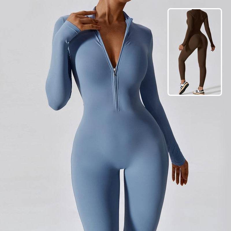 Zipper Long Sleeve Jumpsuit Yoga Fitness Training Pants Tight Hip Seamless Sports Jumpsuit For Women Clothing - Velora