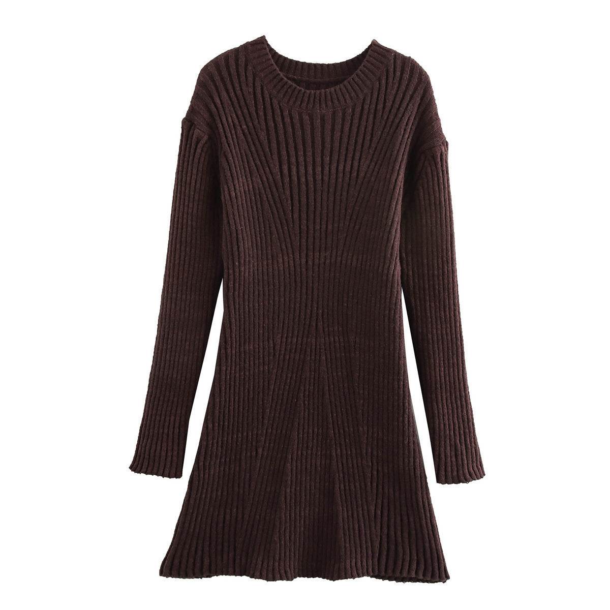 Fashion Solid Ribbed Knitted Dress Fall And Winter Slim-fit Stand-up Collar A-line Dresses Women's Clothing - Velora