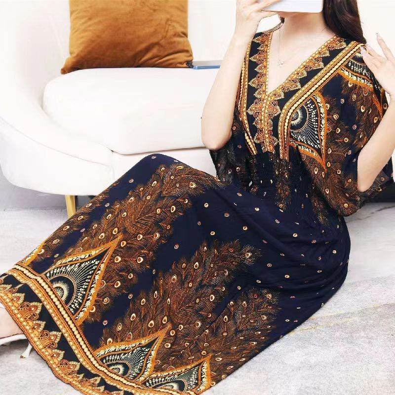 Cotton Silk Floral Dress Women's Summer Ethnic Style V-neck Short Sleeve Pastoral Style Skirt - Velora
