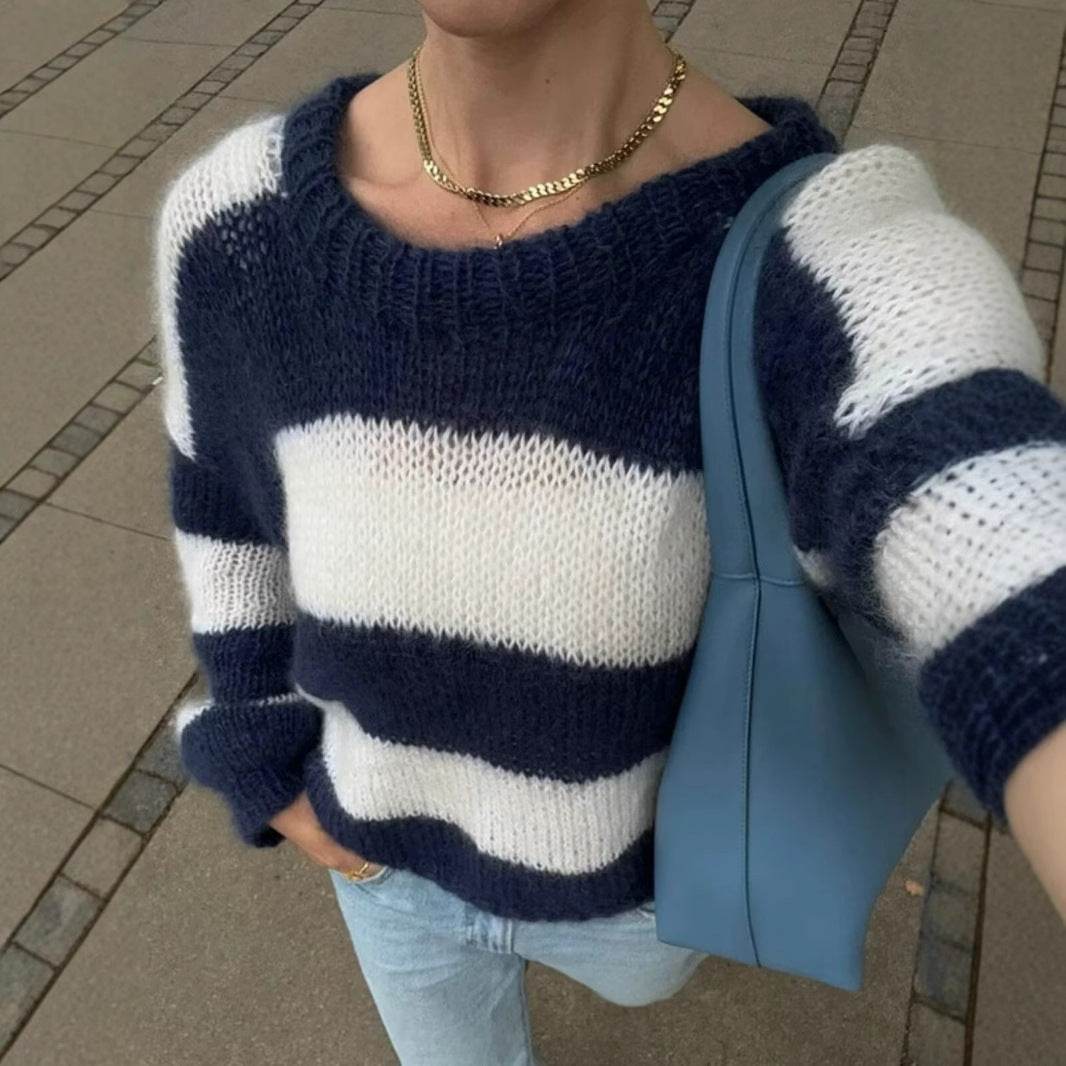 Women's Round Neck Long Sleeve Striped Sweater Top - Velora
