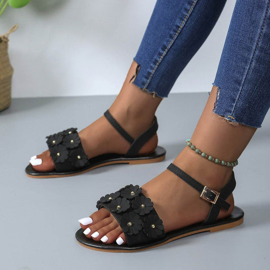 Retro Flowers Sandals Summer Casual Versatile Round Toe Buckle Flat Beach Shoes For Women New Roman Shoes - Velora