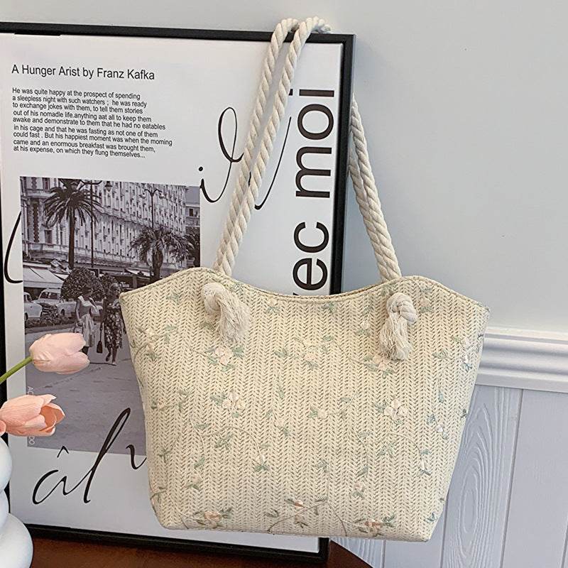 New And Simple Straw Bag Lace Bag Ins Straw Shoulder Bag Large Capacity Flower Fashion Women Handbag - Velora