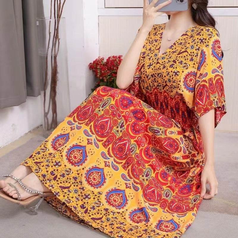 Cotton Silk Floral Dress Women's Summer Ethnic Style V-neck Short Sleeve Pastoral Style Skirt - Velora