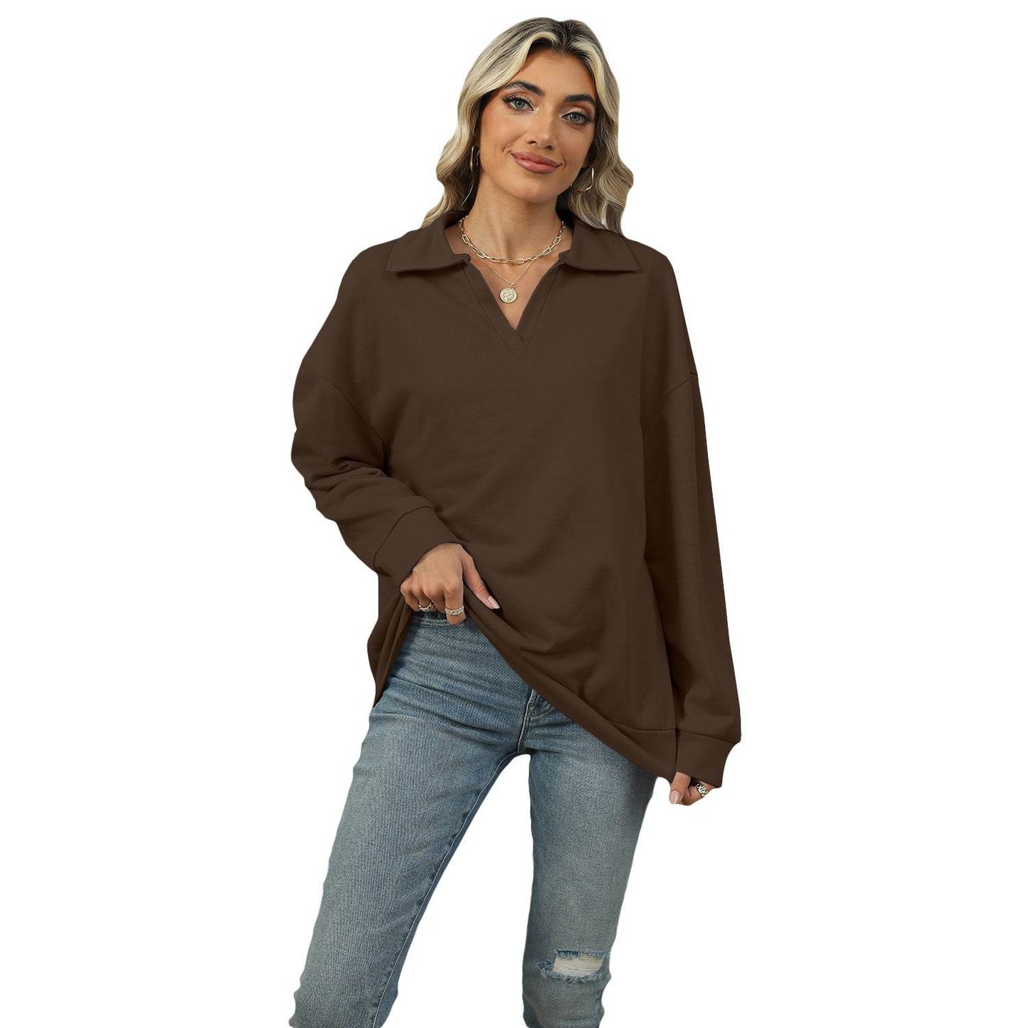 Solid Color Polo Collar Loose Long Sleeve Sweatershirt Coat - Velora