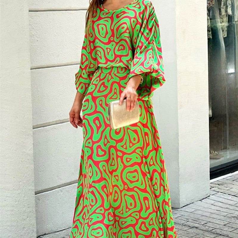 2pcs Women's Dress Suits Fashion Loose Printed Long Sleeve Top And High Waist Long Skirt - Velora