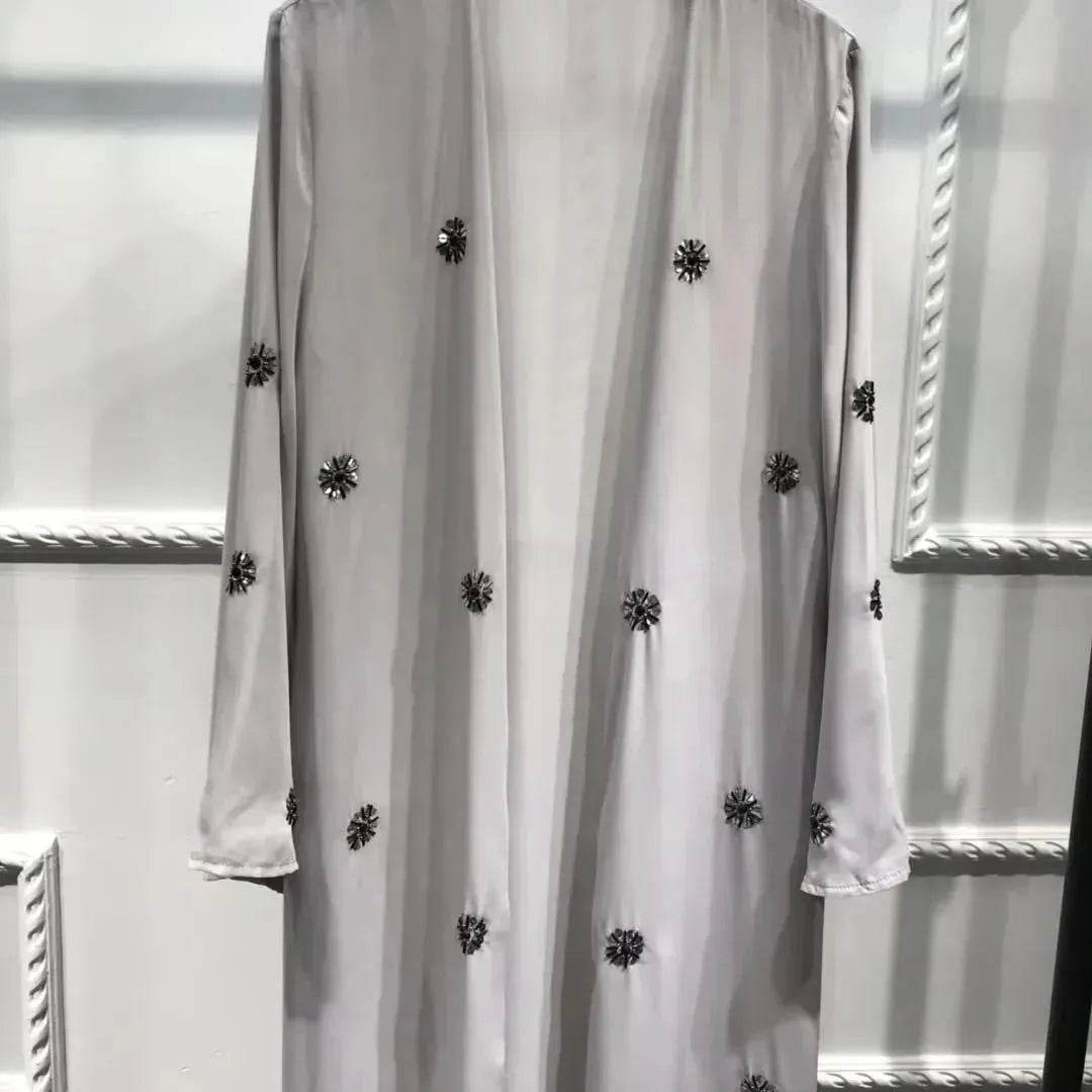 Elegant Embroidered Beaded Middle East Cardigan Robe Dress Open front Abaya Kimono - Velora