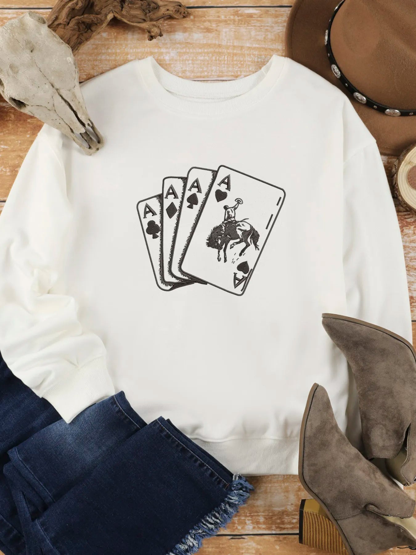 Ace Card Cowboy Graphic Long Sleeve Sweatshirt - Velora